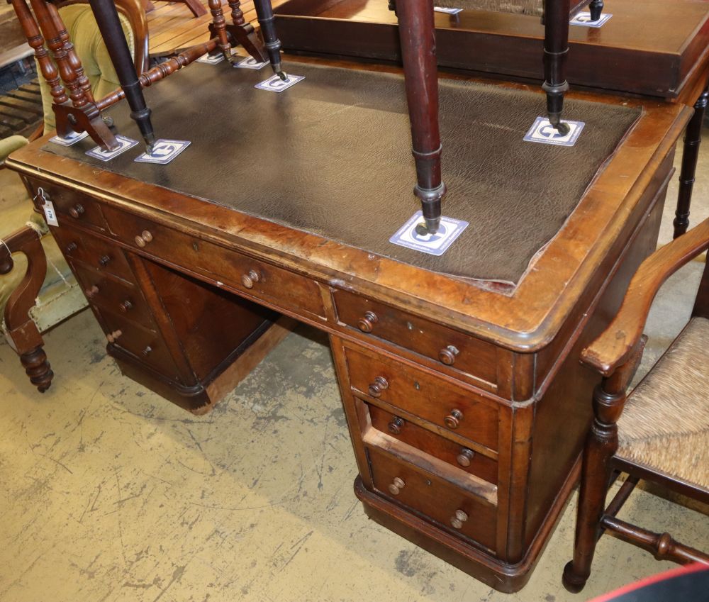 A Victorian burr walnut pedestal desk, W.136cm, D.73cm, H.74cm